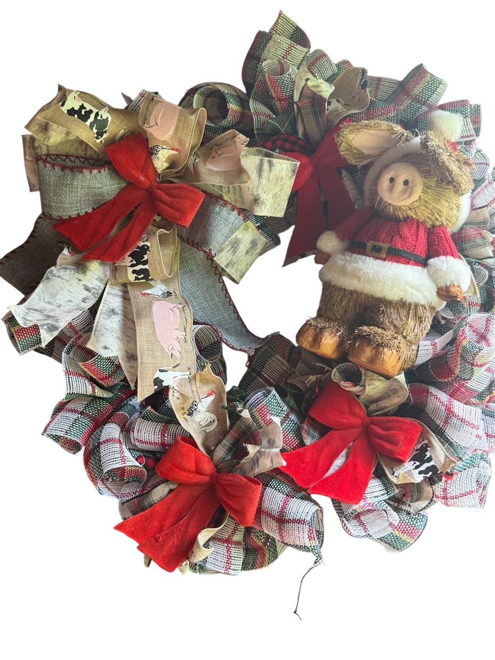 Holiday Piglet Wreath with Red Bows - Home Accents